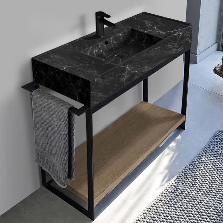 Scarabeo 5124-G-SOL2-89-One Hole Console Sink Vanity With Black Marble Design Sink and Natural Brown Oak Shelf, 43 Inch